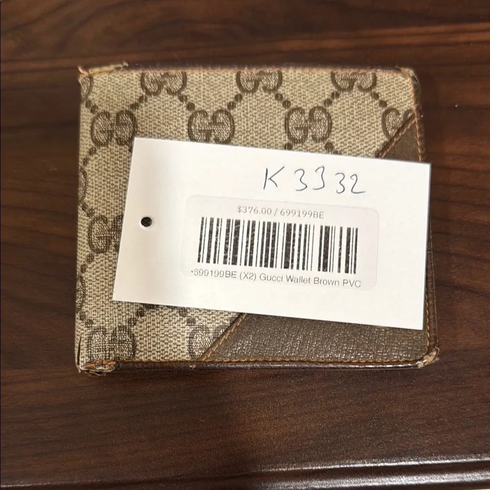 Gucci Monogram Bifold Wallet with Brown Leather Trim